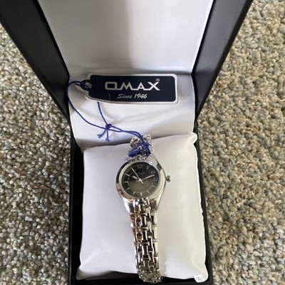 OMAX Women's Dress Analog Quartz Watch Black Dial Silver Metal Bracelet Box