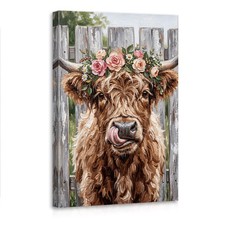 Highland Cow Wall Art Flower Crown Canvas Print Rustic Farmhouse Funny Animal