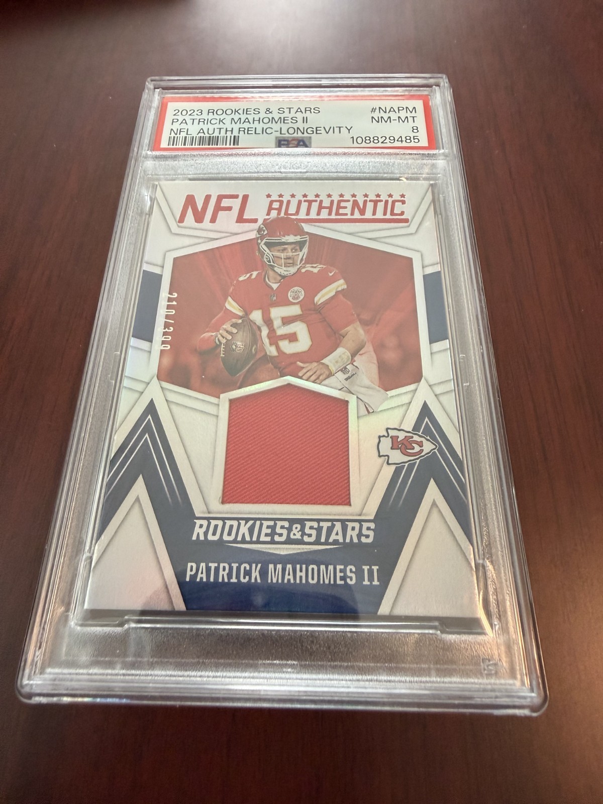 2023 Rookies & Stars Jersey Relic #NAPM Patrick Mahomes II #'d/399. PSA 8 NM/MT view 1