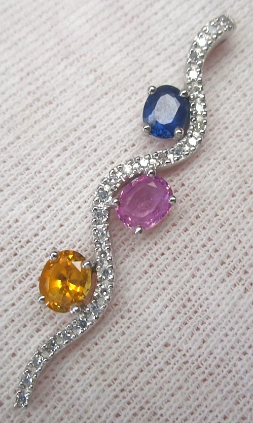 Dije vintage de oro blanco de 14k natural azul rosa y amarillo zafiro río de vivo Foto 3 de 4