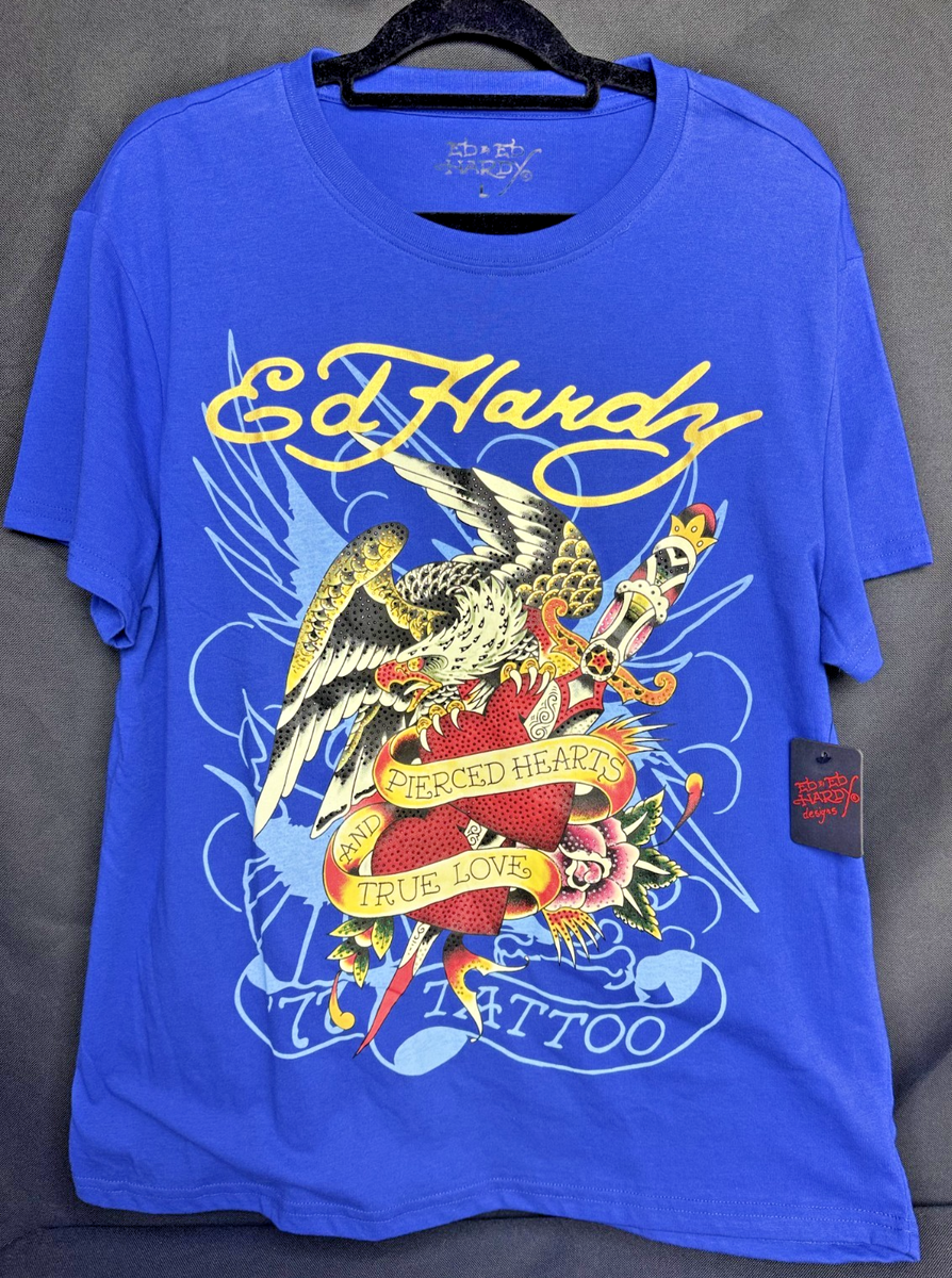 Ed Hardy Men's Large Pierced Hearts True Love Rhinestones TShirt