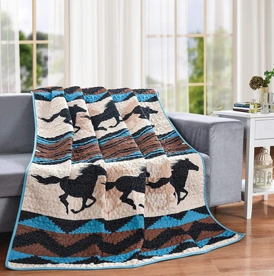 BESTGIFTEVER Galloping Horses Quilt Throw – Rustic Western All-Season Lap Blanket