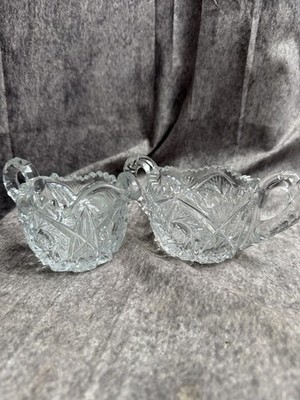Vintage Pressed Glass Creamer & Sugar Bowl Set Clear Cut Starburst Sawtooth Rim