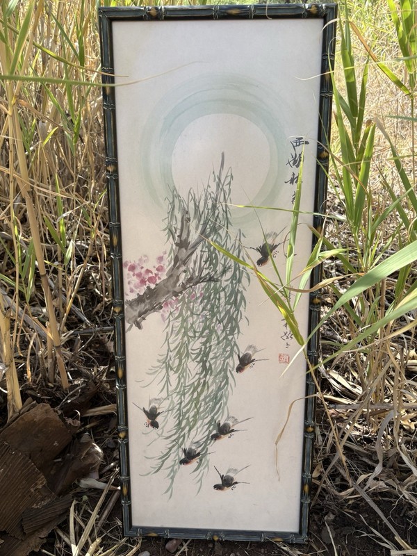Asian Style Signed Framed Painting Birds on Tree Branch with Blossoms