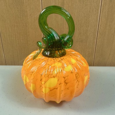 Hand Blown Art Glass Pumpkin Orange Yellow Green Curled Stem Fall Halloween