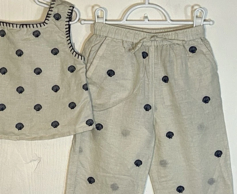 Conjunto de dos piezas Crewcuts niña talla 4 azul marfil conchas marinas mezcla de lino usado en excelente estado Foto 2 de 4