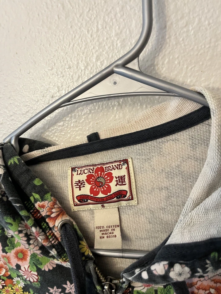 Vintage Y2K Hoodie Lucky Brand Womens S Boho Asian Art Full Zip Floral - Image 3 of 4