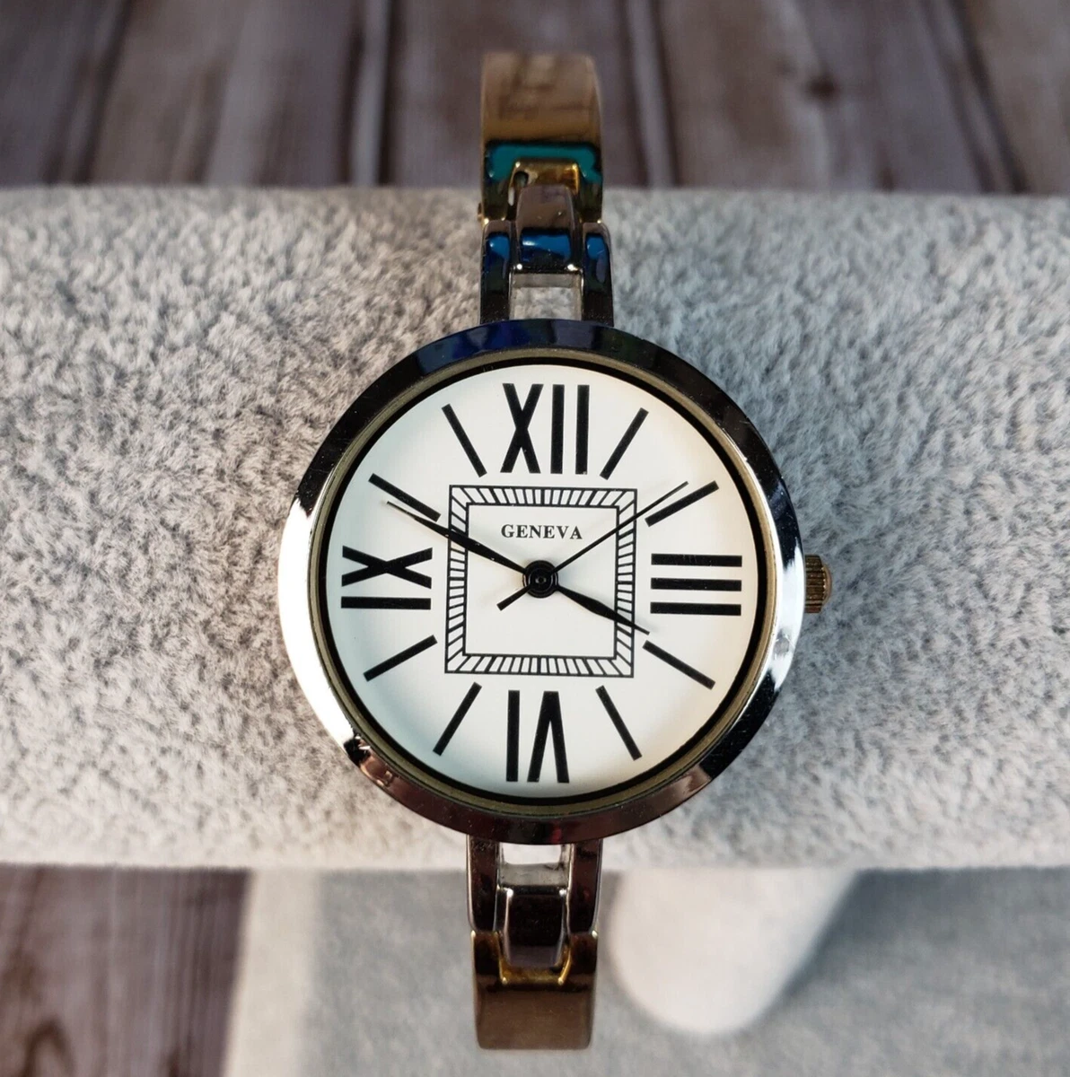 Geneva Cuff Watch Women Two Tone Bracelet 4738 NEW BATTERY INSTALLED
