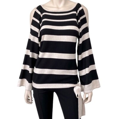 Boston Proper Size L Black Cream Cold Shoulder Stripe Trumpet Sleeve Tie Sweater