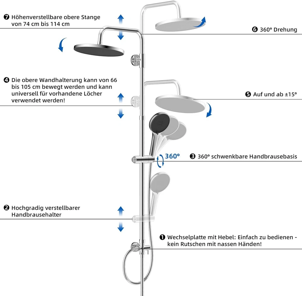 Duschsystem mit Selbstreinigung 25x25cm Runde Brause Edelstahlschlauch Duschkopf - Bild 4 von 4