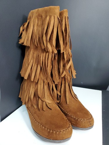 Brown Textile Western Minnetonka style Flat Pull On 13.5"Shaft Height Boots 8.5M - Picture 2 of 9