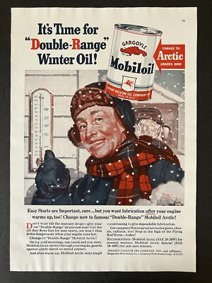 1940 Double Range Mobiloil Arctic Gargoyle Can Man Winter Color Vintage Print Ad