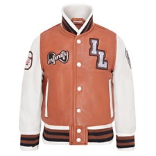 Enfants Marron Letterman Veste Cuir Badges Varsity Collège Bomber Baseball Fauve