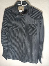 Wrangler Western Shirt Size Medium Black Gray Striped Long Sleeve Pearl Snap