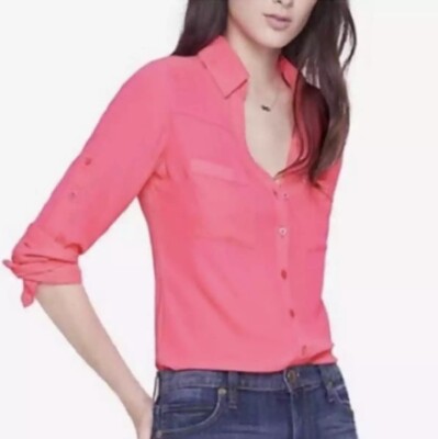 Express The Portofino Shirt Womens Small Button Up Tab Sleeve Blouse Pink Career