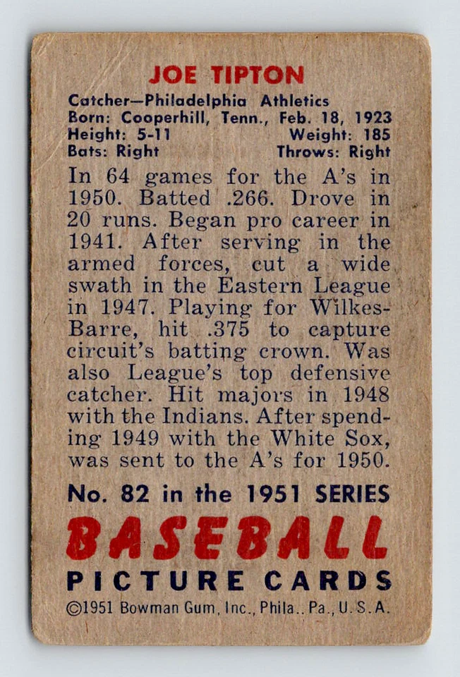 1951 Bowman Card, #82 Joe Tipton, Philadelphia Athletics, see Video - Image 2 of 3