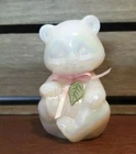 Fenton Opalescent Glass White Bear Figurine with Pink Ribbon