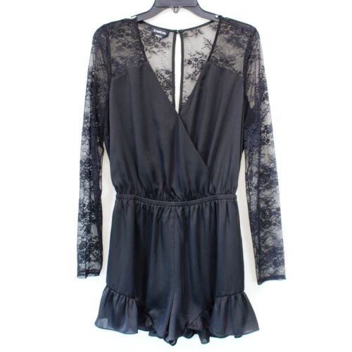 BEBE Black Lace Ruffles Satin Jumpsuit Romper Whimsy Goth Y2K Medium - 第 1/8 張圖片