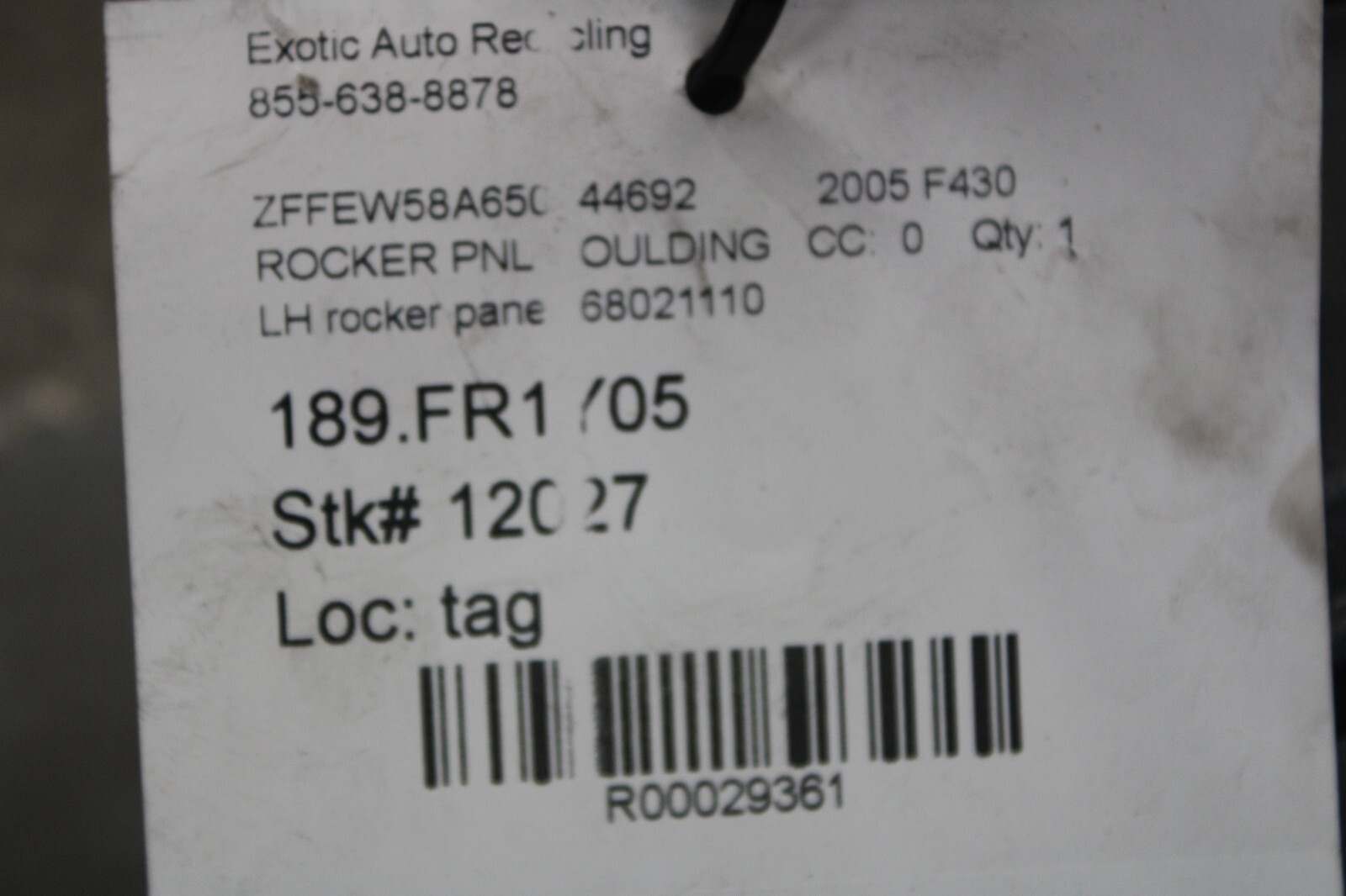 Ferrari F430 Coupe, Spider, LH, Left, Rocker Panel, Dmg, Used, P/N 68021110