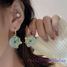 A Pair Jade Donut Earrings Women Stone Carved Silver Talismans Amulet Jewelry