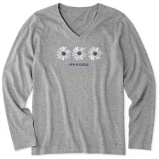 Life is Good. Women's Three Painted Daisies Long Sleeve Crusher Vee Heather Gray