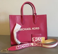 Michael Kors Mirella Medium Leather Crossbody Tote Bag - Electric Pink MSRP $558
