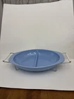 Vintage Pyrex Delphite Blue Glass 1.5 qt Divided Casserole with Orig.Wire Holder