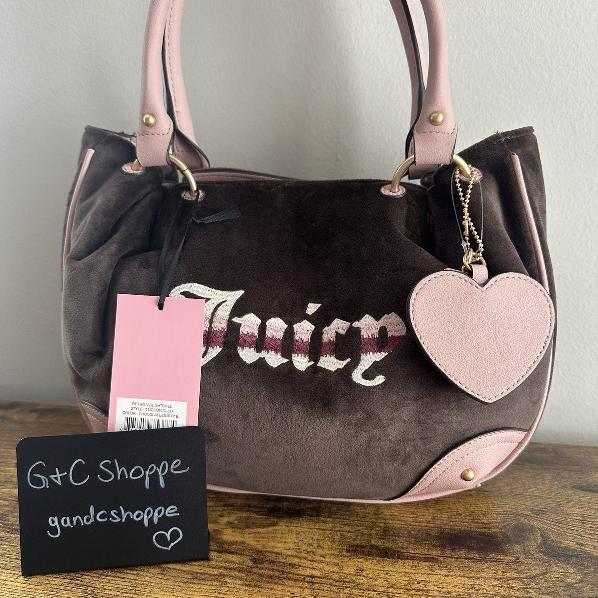 New Juicy Couture Retro Vibe Satchel Tote Brown Dusty Pink Bag