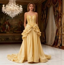 Vintage Victorian Gold Wedding Dresses Ruched Ruffles Satin Appliques Sweetheart