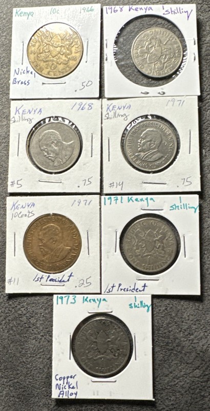 1966-1973 Kenya Shilling & Cent 7 Coin Lot. Nickel Brass. 1st President.