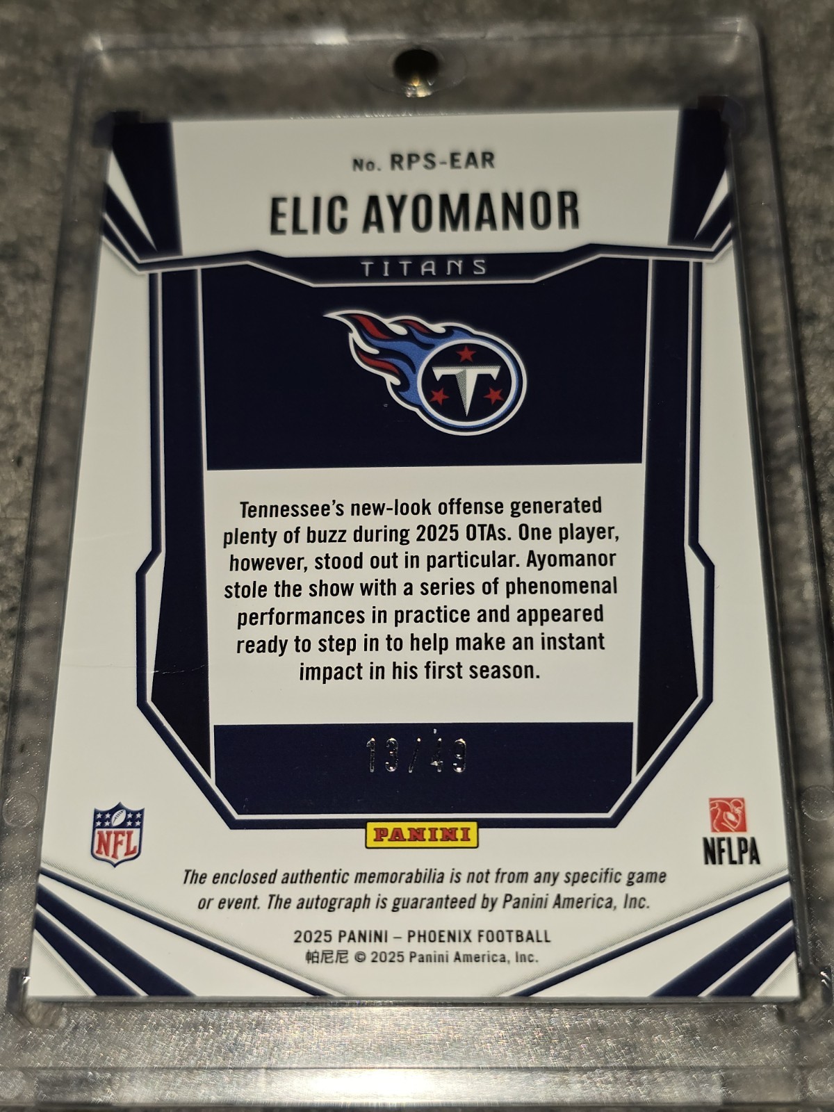 Elic Ayomanor 2025 Panini Phoenix Blue Prizm Jumbo RPA Rookie Patch Auto #/49 RC view 5