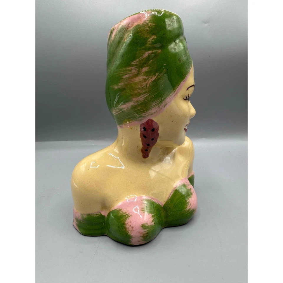 Jarrón cabeza dama vintage EHTF Carmen Miranda rosa verde usado en excelente estado regalo único Foto 4 de 4