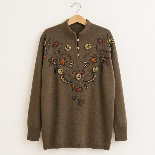 Escada, VINTAGE Escada Embroidered Floral Wool Blend Tunic Sweater Womens 34 Brown