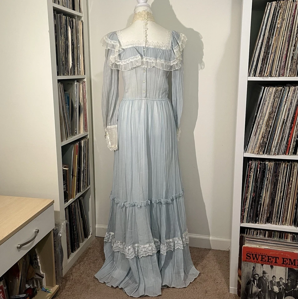Vintage 70’s Gunne Sax Blue White Lace Ruffle Victorian Cottage Prairie Dress 7 - Image 2 of 4