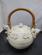 Vintage Studio Art Pottery White Stoneware Teapot with Bamboo Handle & Sculpted