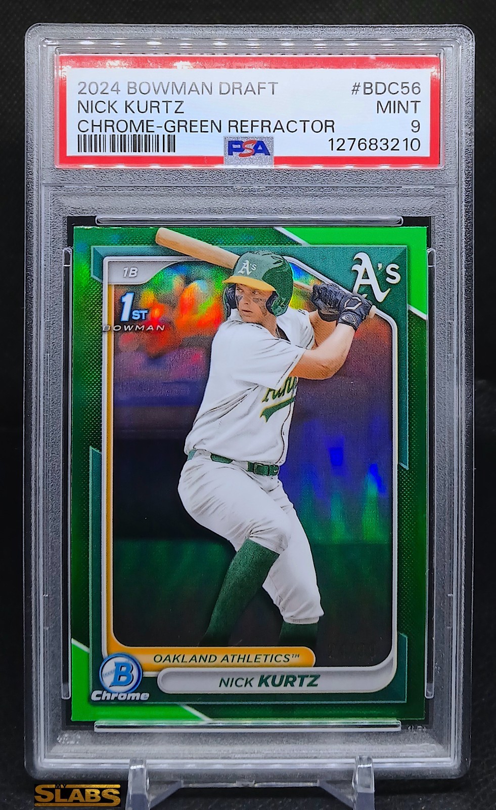 NICK KURTZ 2024 1st BOWMAN DRAFT CHROME GREEN /99 PSA 9 AL ROY & SILVER SLUGGER!