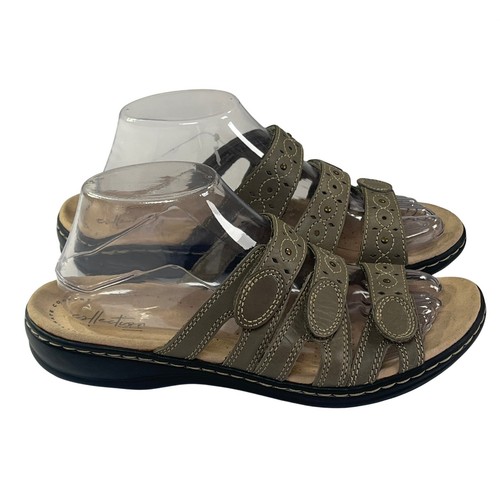 Clarks Collection Leisa Cacti Q Sandals Womens 7.5W Olive Green Leather Slide