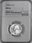1938-S 25C WASHINGTON SILVER QUARTER SAN FRANCISCO MINT  NGC MS64 #8405238-047