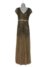 Adrianna Papell Beaded Dress Size 2 Gold Cap Sleeve Maxi Gown