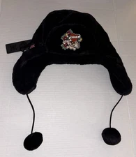 Ed Hardy Women’s Trapper Hat Black Faux Fur With Pompoms, Love Kills Slowly, NWT