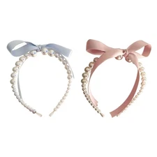 Bowknot Ribbon Hair Hoop for Female Girl Summer Taking Photo Pearls Headband