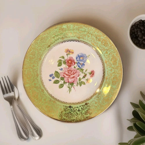 Imperial Salem China Co. USA 23 Karat Gold Floral Green Plate Gold Gilt 10-7/8"