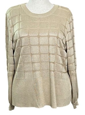 Ming Wang Womens Sweater Gold Metallic Crew Neck Long Sleeve Top Size XL Holiday