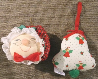 Vintage Soft Sculpture Christmas Ornaments Bell Mrs. Claus Made In Taiwan R O C