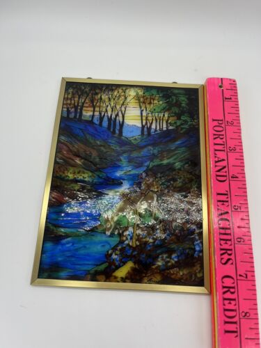 VTG Glassmasters Stained Glass Suncatcher Louis Tiffany Deer Fawn Forest Stream - Picture 3 of 8
