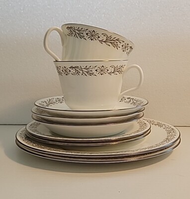 Minton S-722 Glenwood White Silver 9 pc lot 2 salad, 2 bread, 3 saucers, 2 cups