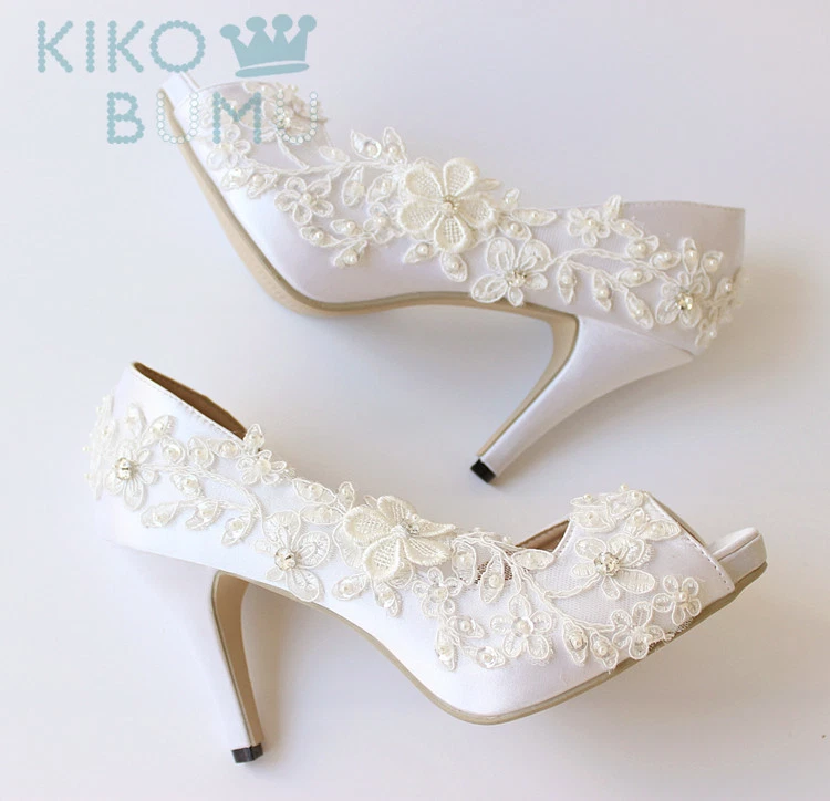 BLANCO MARFIL 2" 3" 4" Punta Abierta Cinta de Satén Nupcial Tacones Bajos Zapatos de Boda Foto 3 de 4