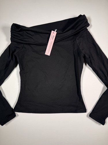 QINSEN Womens Off The Shoulder Tops Double Lined Long Sleeve T Shirts Slim Sz XS - Picture 2 of 11