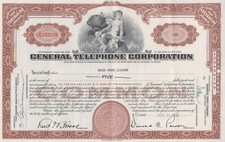 General Telephone Corporation 1955. Certyfikat magazynowy. 5 akcji zwykłych. Vintage