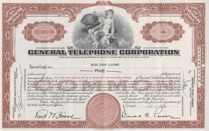 General Telephone Corporation 1955. Stock Certificate. 5 common shares. Vintage